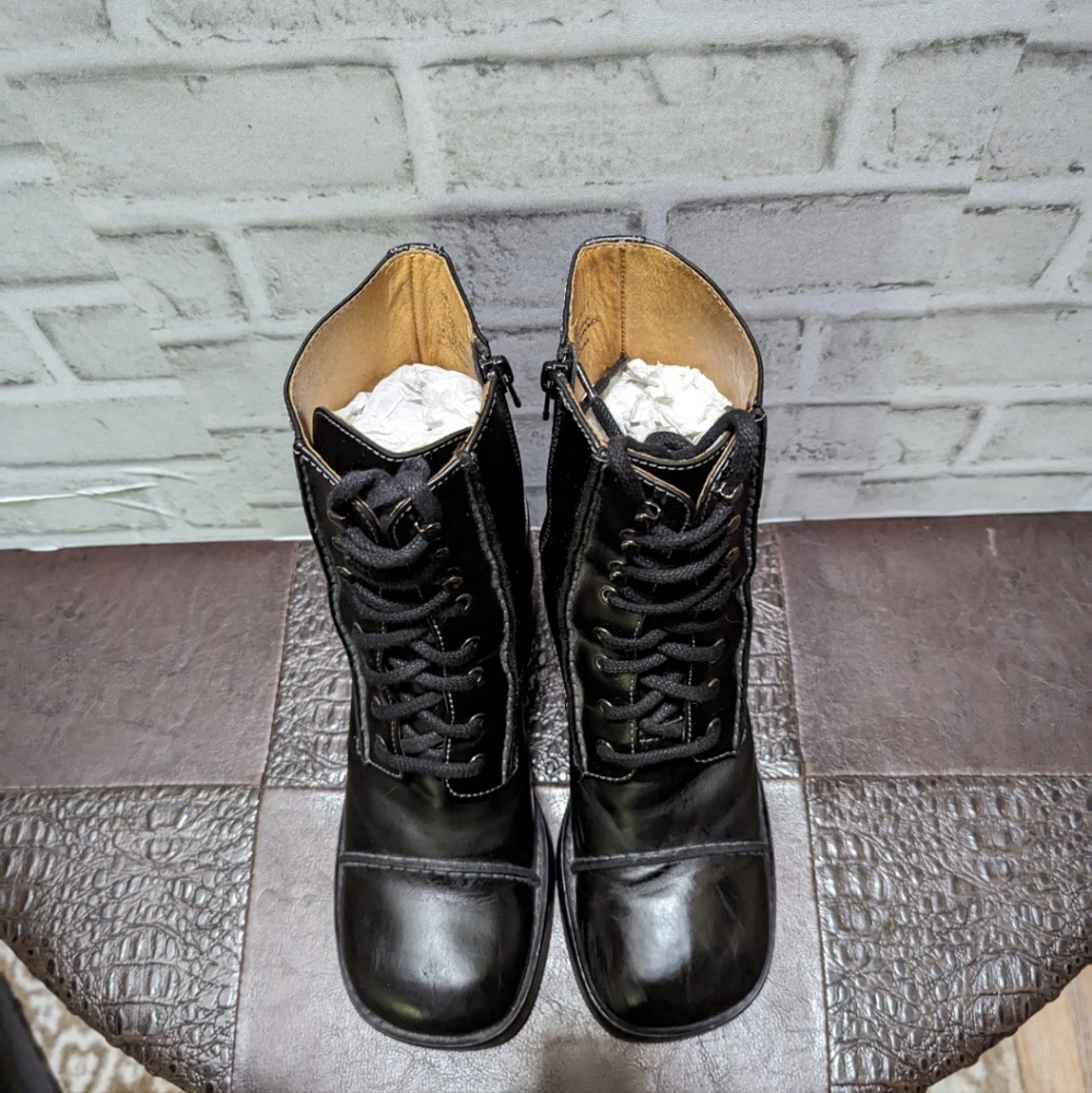 Frye Vintage Y2K Villager Boot Lace Up Zip Stitch 70's Chunky Heel Black Size 9 - Picture 12 of 16